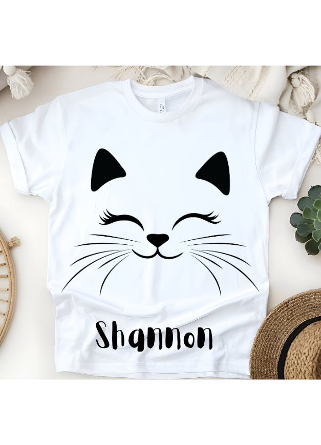 🐾🎀 Personalized Chic Cat Face T-Shirt – Custom Name Kids Tee!