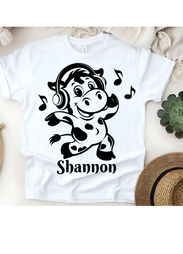 🎶🐄 Personalized Dancing Cow T-Shirt – Custom Name Kids Tee!